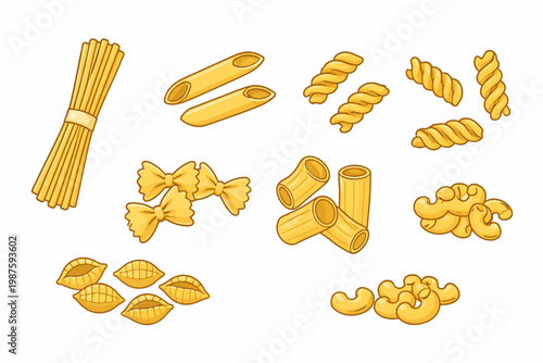 Variety of popular pasta shapes: spaghetti, rigatoni, fusilli, farfalle, macaroni