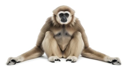 Realistic Gibbon Primate Sitting Isolated on White Background for Wildlife Photography, Exotic Monkey Species, Tropical Forest Animal, Zoology Study, Nature Observation, Detailed Fur Illustration