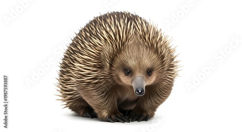 Realistic Echidna Spiny Mammal Full Body Isolated on White Background for Wildlife Photography, Australian Animal, Monotreme Species, Nature Study, Detailed Fur and Spine Texture Illustration
