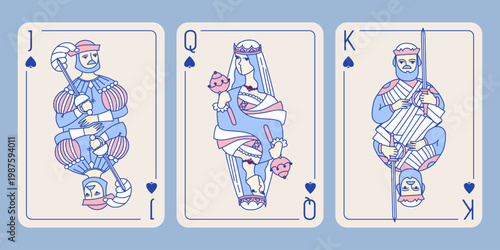 Queen King Jack of Spades playing cards set vector pink blue style