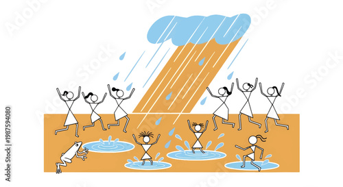 Warli art style illustration of people dancing in the rain, traditional Indian tribal folk art vector, community celebrating monsoon season