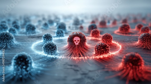 A microscopic view shows numerous spherical viruses or cells, with one central red entity emitting a glow and surrounded by a ring of light.