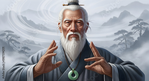 Wise Asian Master or Taoist Sage with White Beard Practicing Qigong or Meditation, Misty Mountain Landscape Background, Zen Spiritual Wisdom Vector