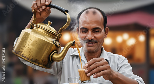 Indian Street Food Vendor Pouring Hot Masala Chai Tea from Traditional Brass Kettle, Authentic India Culture Scene Vector Illustration