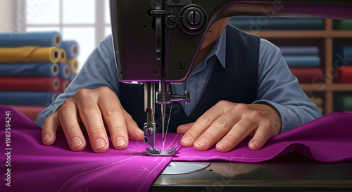 Professional Tailor Hands Using Sewing Machine on Purple Fabric, Textile Industry and Fashion Design Concept, Close-up Vector Illustration