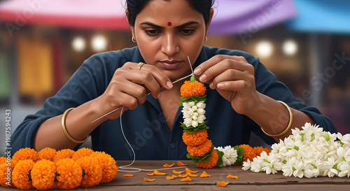Indian Woman Making Traditional Flower Garlands with Marigolds and Jasmine, Floral Ritual Offering Preparation for Hindu Festival Vector Illustration