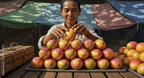 Asian Woman Market Vendor Stacking Fresh Ripe Mangoes at Street Stall, Tropical Fruit Business Bazaar Scene Vector Illustration