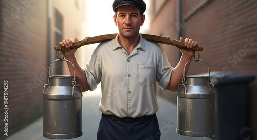 Milkman Carrying Traditional Metal Milk Cans on Shoulder Yoke, Authentic Dairy Delivery in Street Vector Illustration