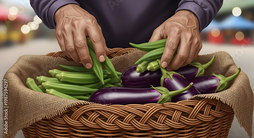 Hands Arranging Fresh Eggplant and Okra in Wicker Basket, Organic Vegetables at Local Market Vector Illustration