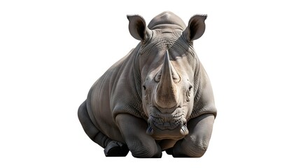 Realistic Rhinoceros Sitting Front View Isolated on White Background for Wildlife Photography, African Animal, Endangered Species, Zoo Animal, Nature Observation, Detailed Mammal Illustration