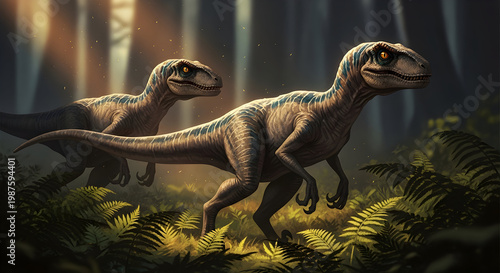 Velociraptor Dinosaurs in Prehistoric Jungle Forest, Raptor Predators in Ancient Nature Environment Vector Illustration