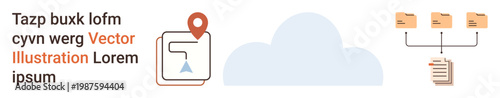 Cloud computing, data management, file organization, digital storage, sharing services, connectivity. Image includes cloud, location marker document icons. Cloud computing data management theme