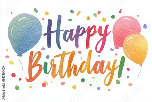Colorful confetti and festive balloons surround the handwritten phrase 'Happy Birthday!' in vibrant, multi-colored lettering on a white background.