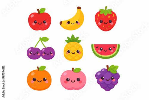 Cute kawaii fruit collection with happy faces: apple, banana, strawberry, cherries, pineapple, watermelon, orange, peach, grapes