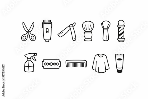 Barbershop tools collection: scissors, clippers, razor, and more line icons