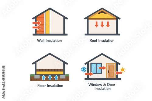 Home insulation techniques: wall, roof, floor, window, and door for energy efficiency