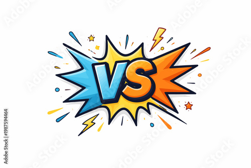 Comic style versus symbol with blue and orange explosive graphic elements