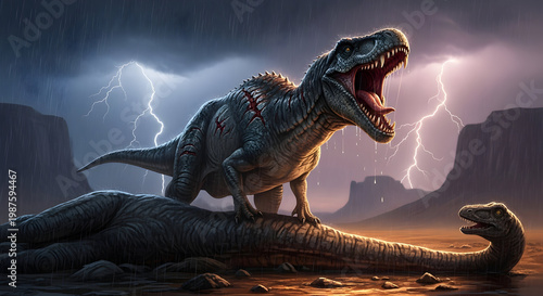 Tyrannosaurus Rex Standing over Defeated Long Neck Dinosaur in Thunderstorm with Lightning, T-Rex Predator Prehistoric Battle Vector Illustration
