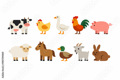 Cartoon farm animals collection: cow, chicken, goose, rooster, pig, sheep, horse, duck, goat, rabbit