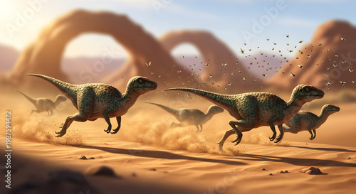 Small Dinosaurs Pack Running in Desert Landscape with Rock Arches, Prehistoric Arid Environment Vector Illustration