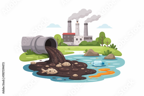 Industrial pollution scene with toxic waste and dead fish in polluted river