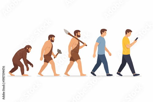 Evolution of mankind depicted: from primate to modern human with smartphone