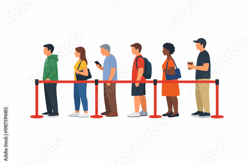 Diverse group of people waiting in line behind stanchions