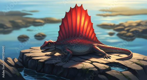 Dimetrodon Prehistoric Reptile with Red Sail Resting on Rock by the Lake, Ancient Nature Wildlife Scene Vector Illustration