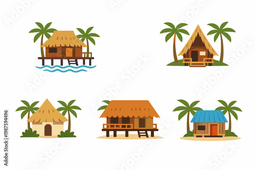 Tropical beach huts and palm trees on a sandy shore