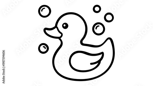 Minimalist vector illustration of a cute rubber duck toy with bubbles, simple black line art icon for baby bath time, childhood play, and nursery decor, scalable flat design, AI-generated art.
