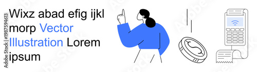 Contactless payments, financial technology, digital transactions, mobile banking, e-commerce, cashless operations. Person gesturing near a payment terminal and coin. Payment and technology concepts