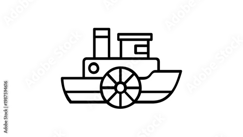 Minimalist paddle steamer boat vector icon illustration. Simple black line art design of a vintage riverboat toy with a paddle wheel and smokestack, ideal for children's apps and nautical themes.