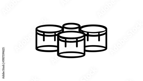 Minimalist black and white vector line icon illustration of a set of four percussion drums, perfect for music-themed graphic design, band logos, or educational materials on instruments.