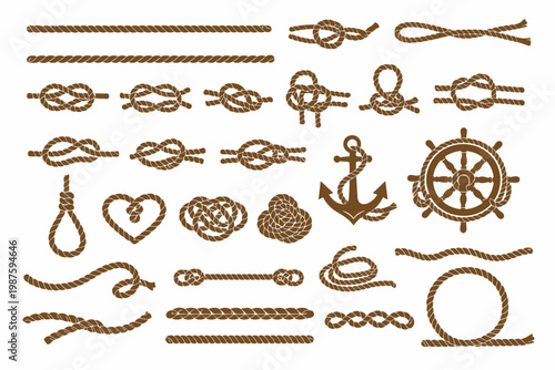 Collection of nautical rope knots and maritime symbols featuring anchor and ship wheel