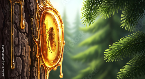 Insect Trapped in Amber Resin on Pine Tree Trunk, Prehistoric Fossilized Sap in Ancient Forest Vector Illustration