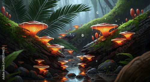 Bioluminescent Glowing Mushrooms on Fallen Log in Dark Enchanted Forest, Magical Fantasy Nature Scene Vector Illustration