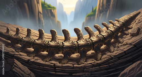 Fossilized Dinosaur Spine in Rock Layers, Prehistoric Skeleton Bone Remains in Ancient Canyon Landscape Vector Illustration