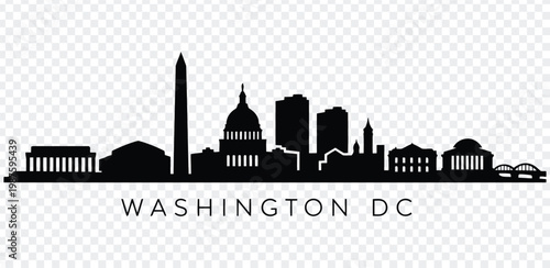 Black silhouette of washington dc city skyline with famous landmarks