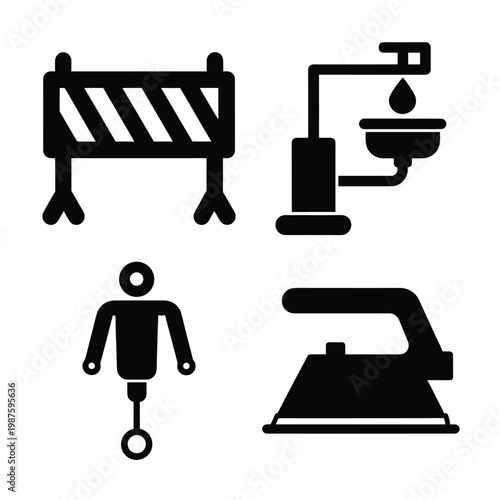Flat Design Collection of Construction Barrier Eye Wash Station Disability Icon and Clothes Iron