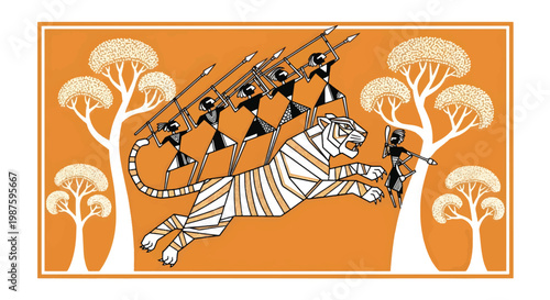 Warli art style illustration of tribal hunters on a tiger, traditional Indian folk art scene with hunters and spears, ethnic orange and white vector