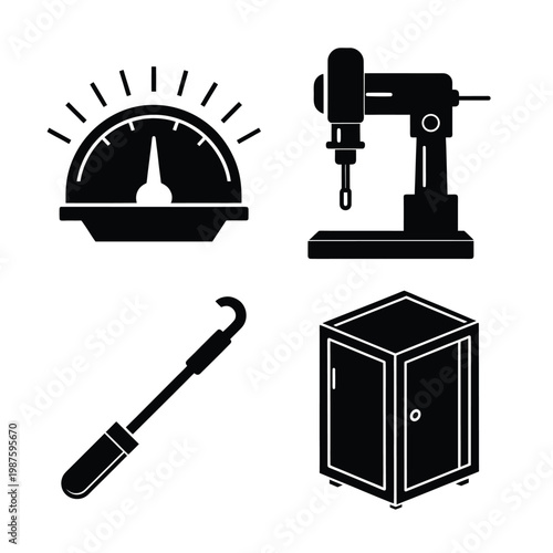 Industrial Equipment and Machinery Silhouette Icon Set