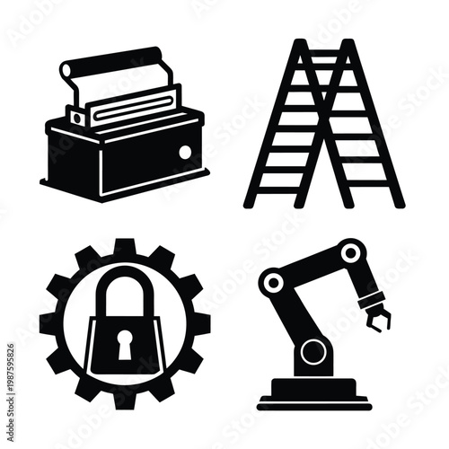 Set of Automation Robotics and Industrial Maintenance Black Silhouette Icons