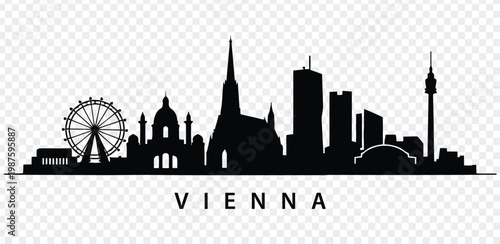 Black silhouette of vienna city skyline with famous landmarks and ferris wheel