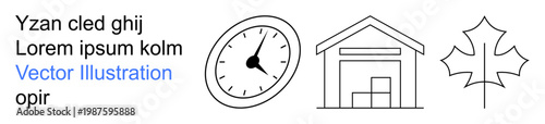 Time management, logistics, sustainability, nature, infrastructure, efficiency. Minimalist icons of a clock, warehouse maple leaf. Time management and logistics concept