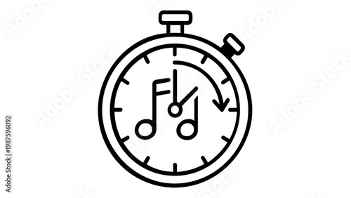 Minimalist vector icon illustration of a stopwatch timer featuring musical notes, symbolizing rhythm, tempo control, and song duration. Perfect for music production apps and digital interfaces.
