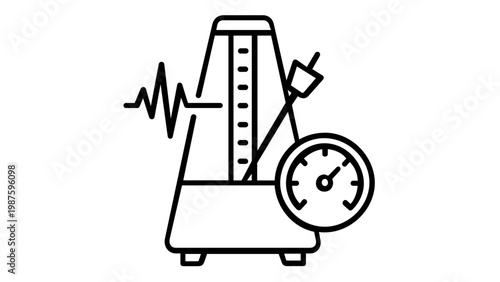 Metronome vector icon with sound wave and tempo gauge. Minimalist black line illustration for music production, rhythm training, beat measurement, and audio software interface. AI-generated.
