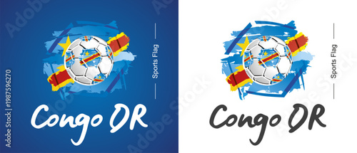 Abstract Congo DR national flag ribbon soccer ball sport icon label banner handwritten typography lettering