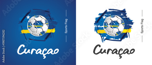Abstract Cura?ao national flag ribbon soccer ball sport icon label banner handwritten typography lettering