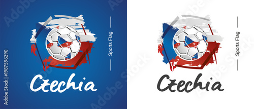 Abstract Czech Republic national flag ribbon soccer ball sport icon label banner handwritten typography lettering