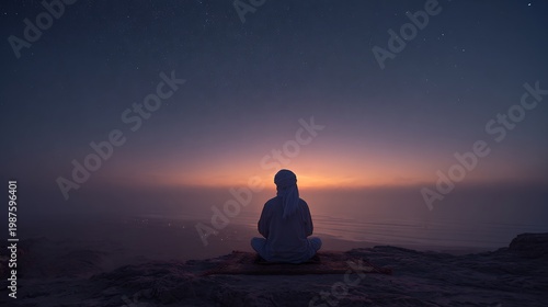Nocturnal stillness: A lone figure engages in quiet contemplation under a starlit sky, a study in light, shadow, and the human connection to the cosmos.